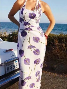 Reformation White Halter Maxi Dress with Purple Floral Motif